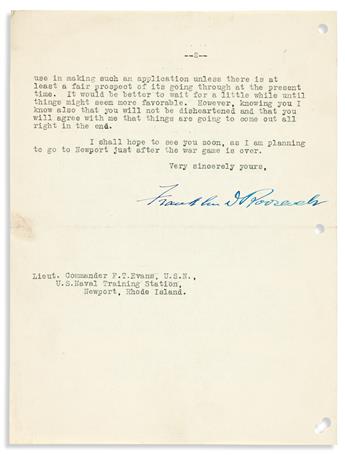 ROOSEVELT, FRANKLIN D. Three Typed Letters Signed, one as President, to Lieutenant Commander Franck Taylor Evans or his wife,
